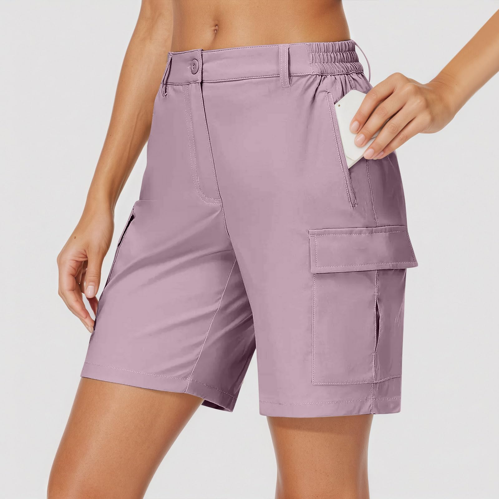 Bermuda Shorts For Women Knee Length Lightweight Quick Dry Cargo Shorts with Pockets Summer Outdoor Elastic Waist Knee Length Hiking Short Casual Athletic Golf Long Short Travel Pant for Camping