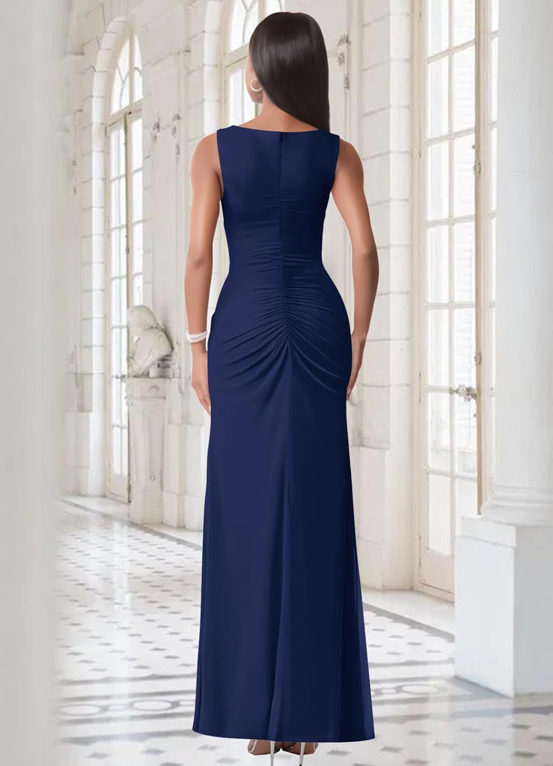 firfig Womens Formal Long Dress Mesh V Neck Sleeveless Ruched Slit Leg Cocktail Party Wedding Guest Maxi Dresses - Image 3