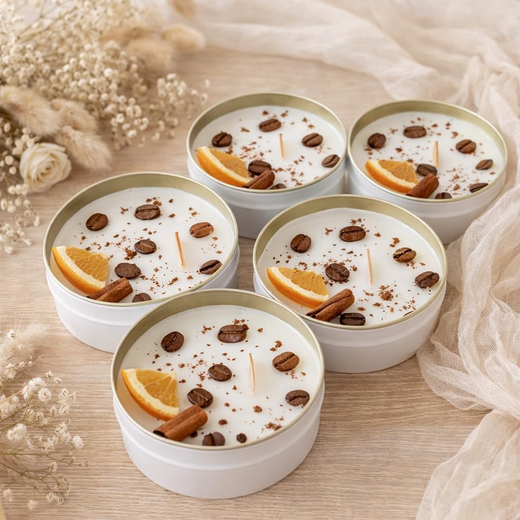 Personalized Coffee Scented Soy Wax Candle Favors with Cinnamon Stick & Dried Orange – Rustic Wedding, Bridal & Baby Shower, Birthday, Christmas Event Gifts (10–200 Bulk Available)