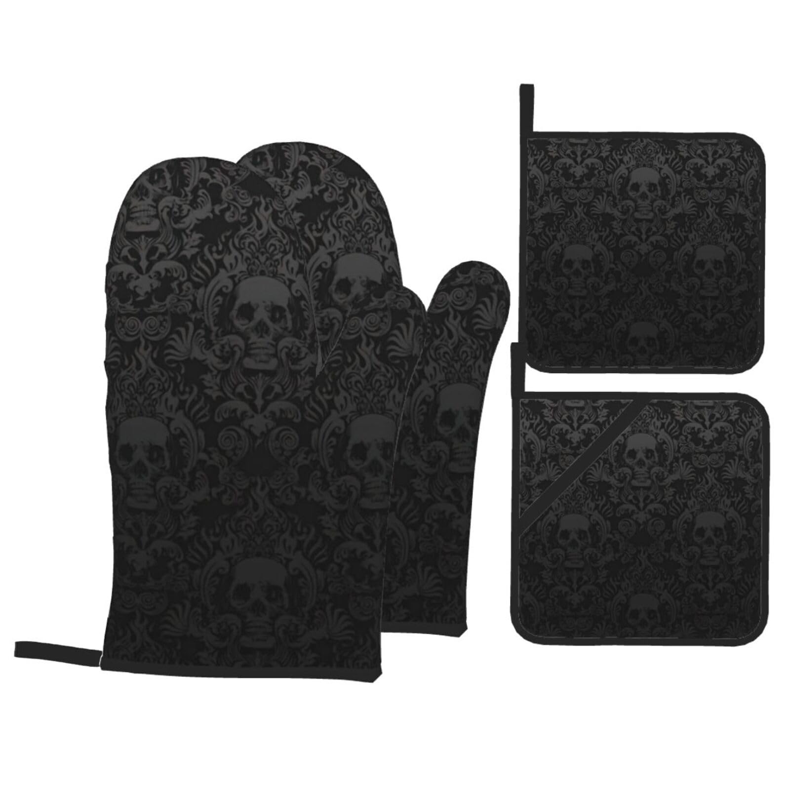 gothic wallpaper skull Print 4-Piece Oven Microwaving Set Waterproof Kitchen Gloves for Baking Grilling Cooking