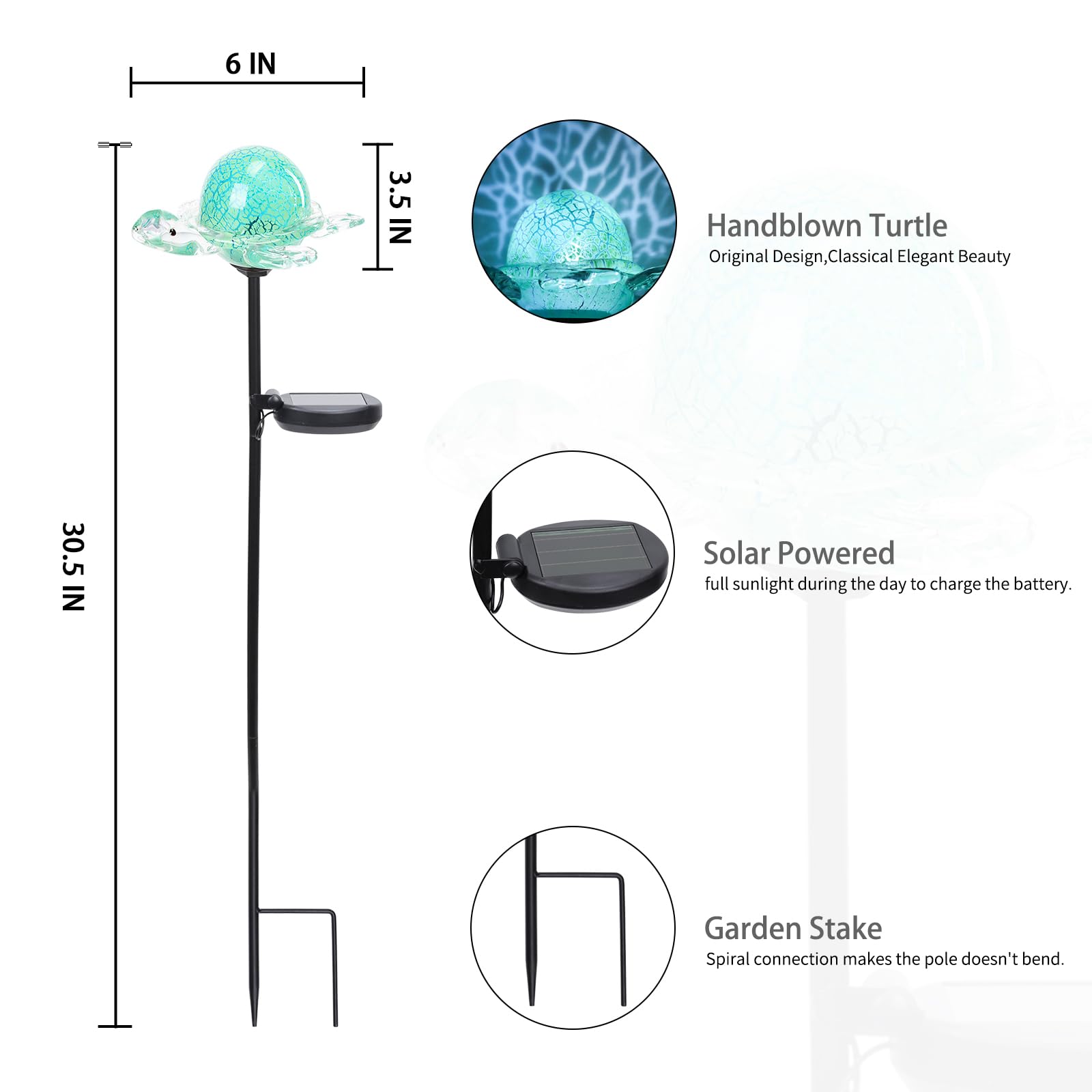 Bshine Luces solares de jardín decorativas al aire libre – Estaca solar de tortuga, estaca de vidrio soplado a mano, luces decorativas de camino para jardín al aire libre, césped, patio