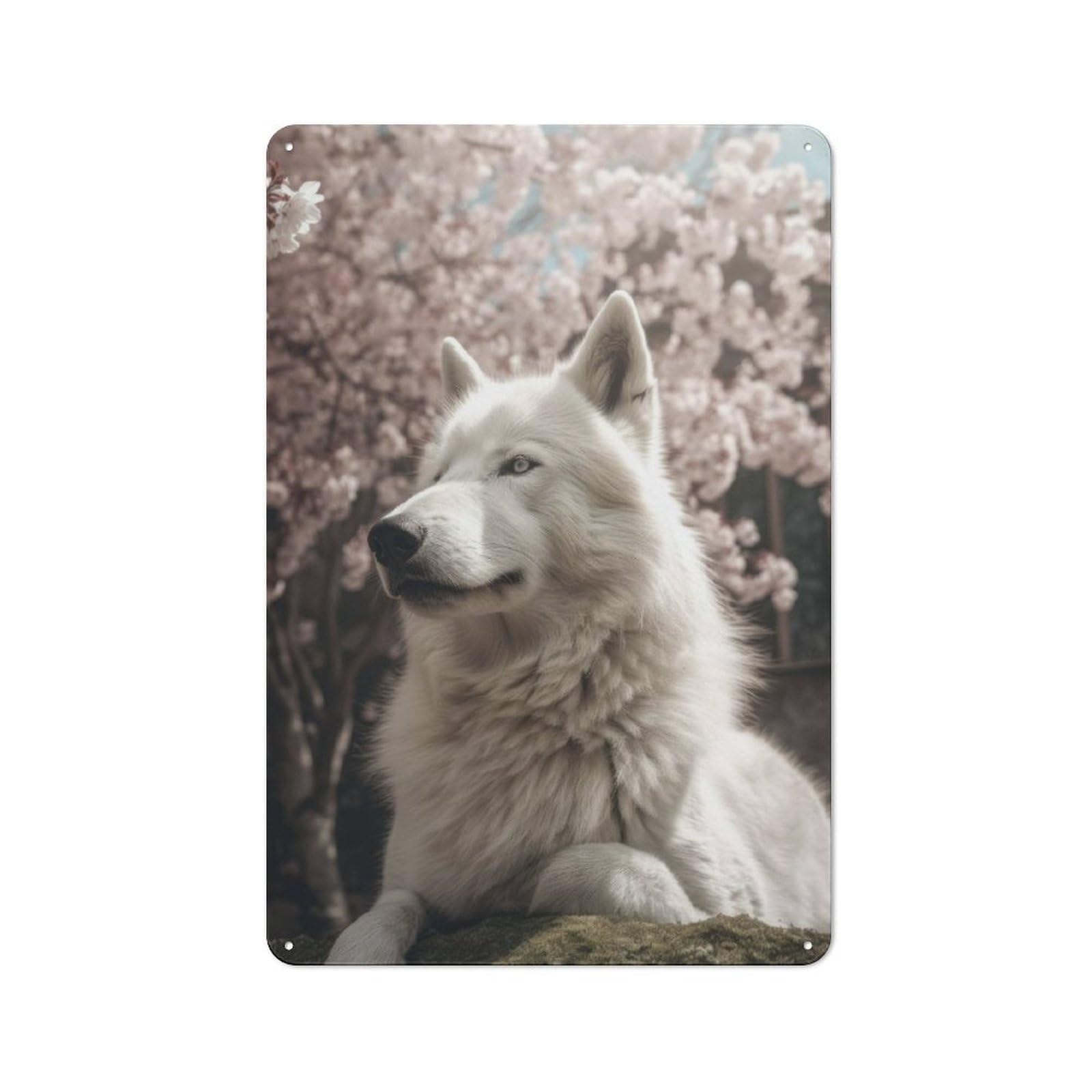 Junmoney White Wolf Cherry Blossom Vintage Tin Sign 30X20cm Featuring For Workshop Wall, Gift For Metal Sign Collectors During The Christmas Season
