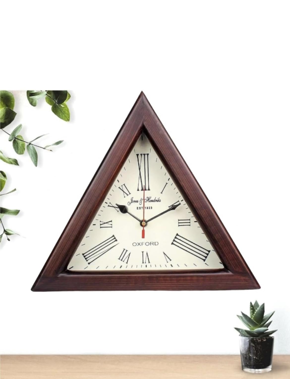 HEENA Wood Analog Wall Clock Brown Roman Triangle Shape Wall Clock(Used As Table Also) Long Run Plane Glass Wall Decor | Triangle Wooden Wall Clock 12 Inch (B0D95VZ91X) Amazon Price History, Amazon Price Tracker