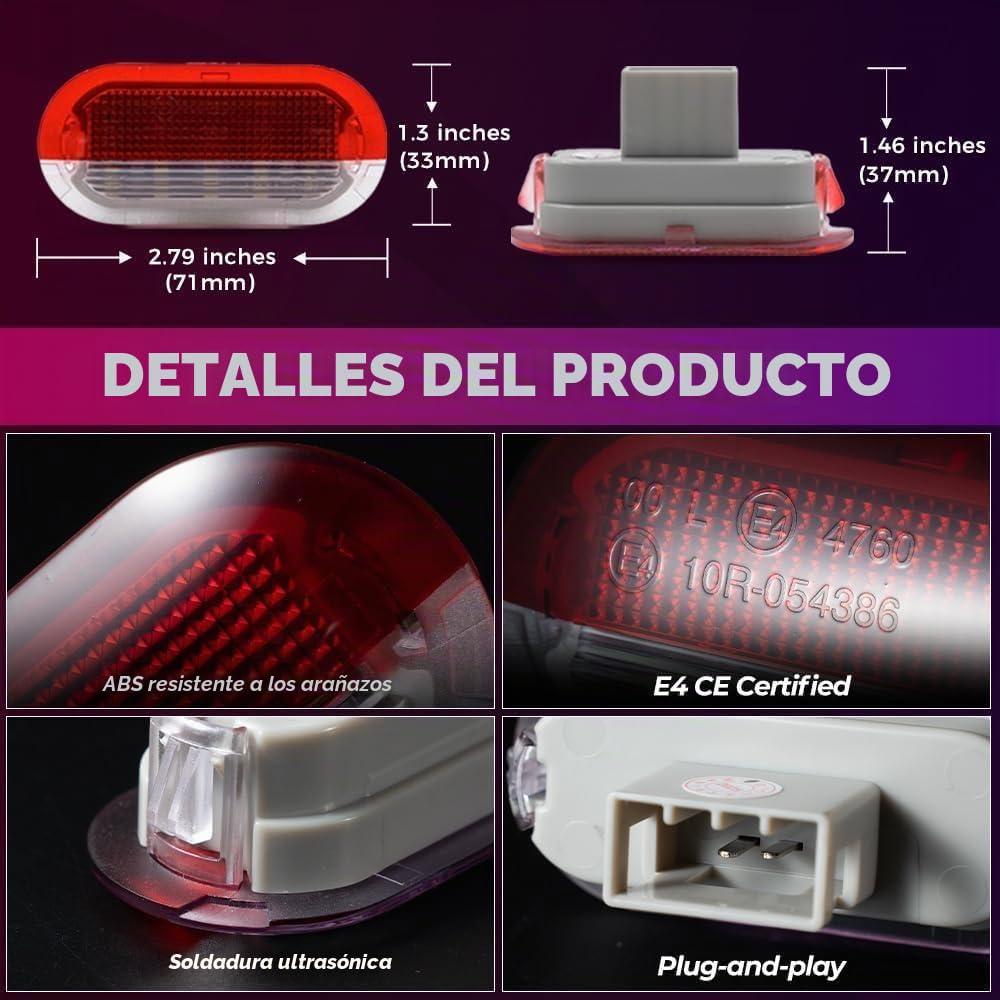 Luces de Cortesía LED para Puerta de V.W Golf MK3 MK4 Jetta Beetle Tou.ran Polo Vento Octavia Seat, Accesorios de Lámpara de Zona de Pasos Blanca/Roja de Seguridad, 2 Piezas