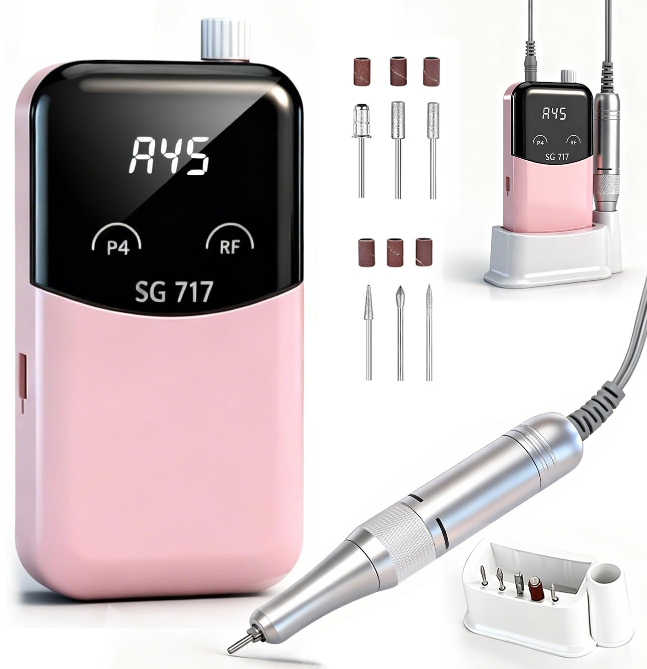 Perceuse à ongles sans fil rechargeable 40 000 tr/min, lime à ongles électrique électrique en acrylique, outils pour ongles en gel, salon de beauté des ongles avec support (rose)