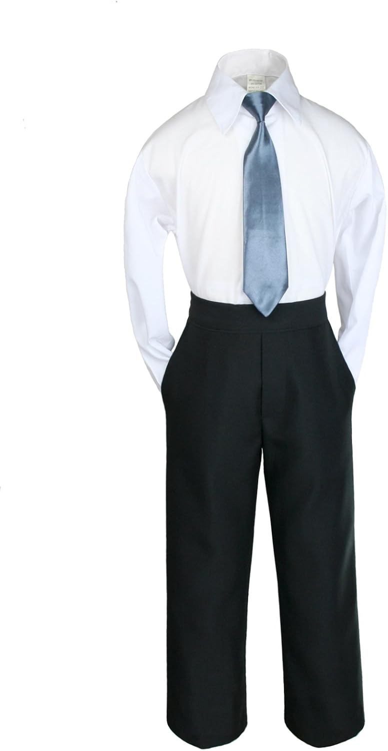 4 Pcs Formal Boys Dark Gray Grey Satin Vest Necktie Set Suit Baby to Teen