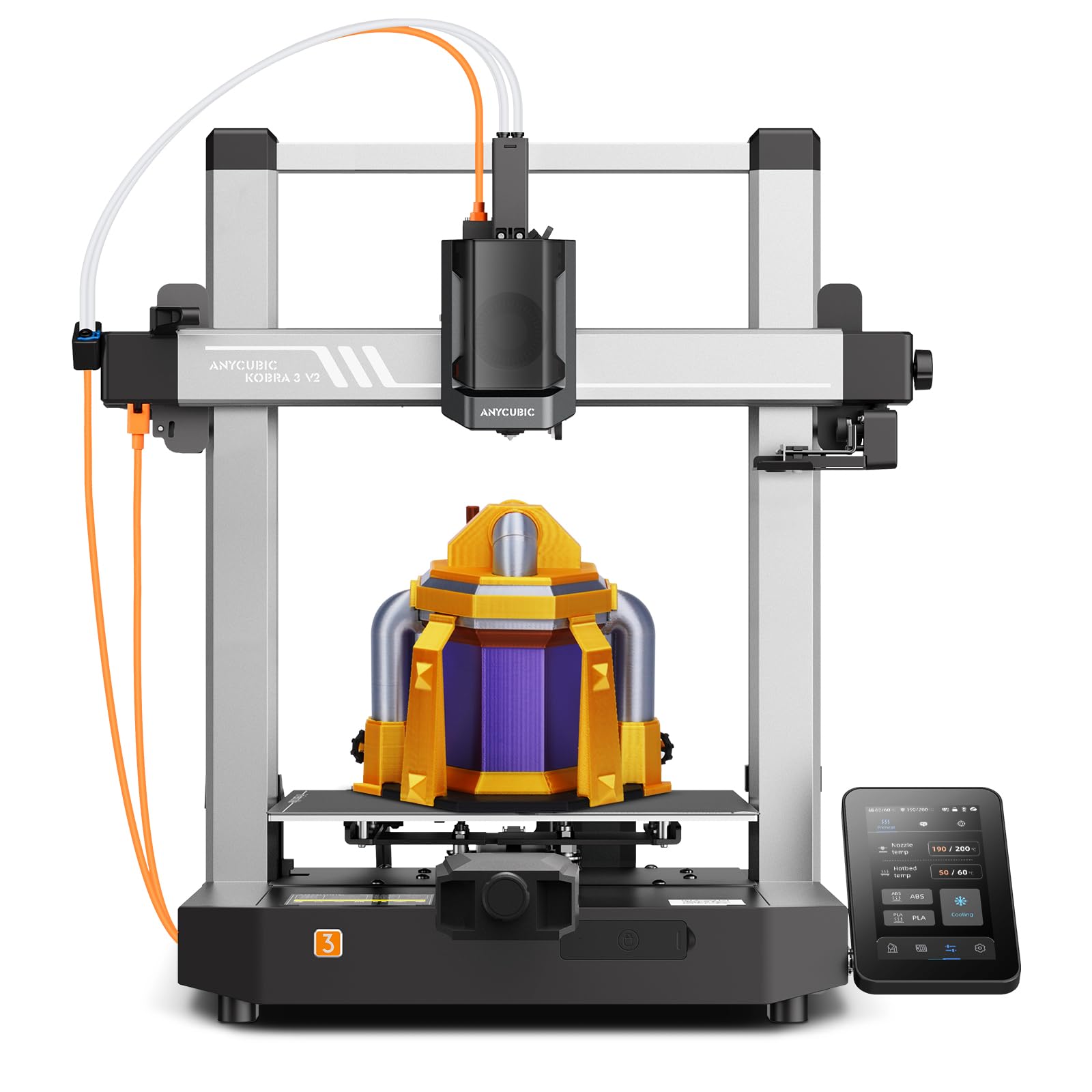 Anycubic Kobra 3 V2 3D Drucker, 600 mm/s Hohe Geschwindigkeit, Verbesserte LeviQ 3.0 Auto-Nivellierung, Intelligentes Drucken, Mehrfarbendruck über ACE Pro, Größe 255 x 255 x 260 mm