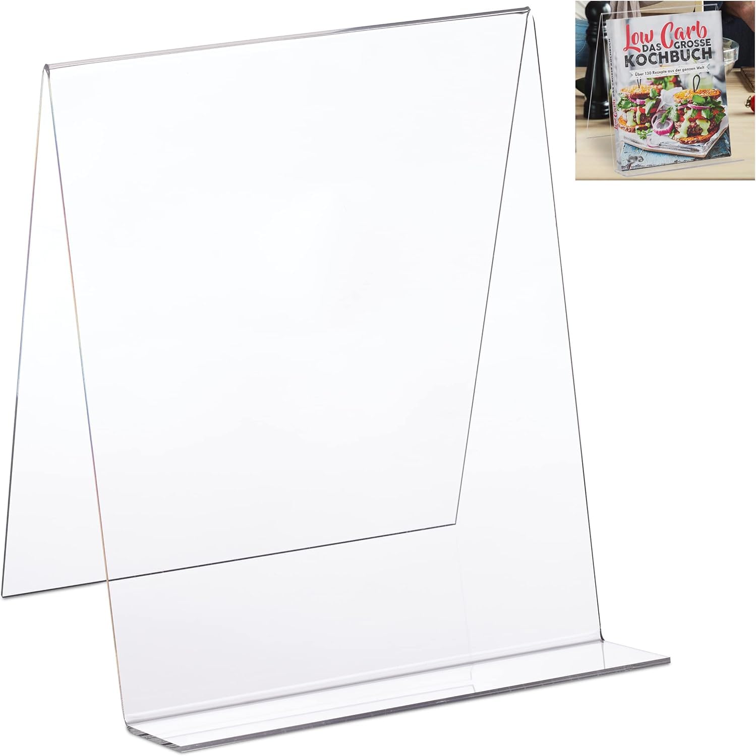 BPA® 10027277 Book Stand, Acrylic Cookbook Holder, DIN A4, Easel, Sturdy, Tabletop Display, 24 x 20 x 20 cm, Transparent, 1 item