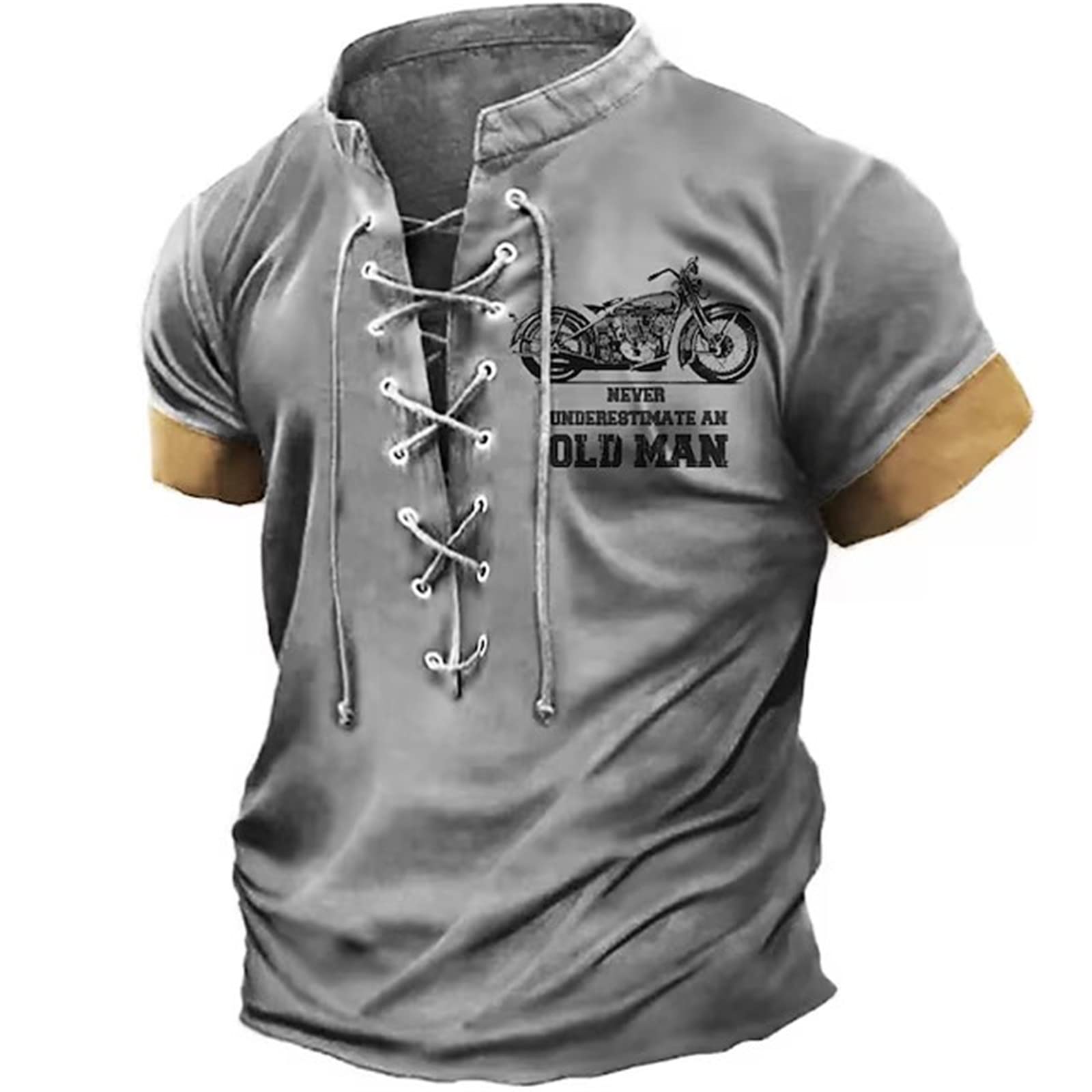 ChahuerMen's Outdoor Tactical T Shirt Retro Eyelet LaceUp Old Man Print Henley Short Sleeve TShirts