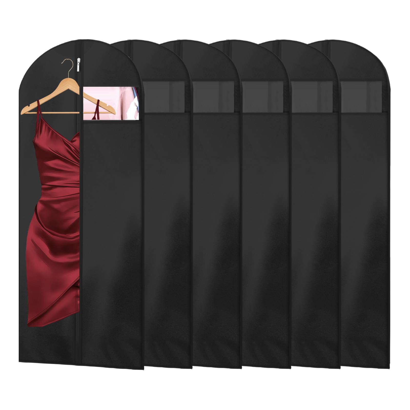 AMFUN 6 PCS Dress Bag,Full Length Travel Suit Bag with Zipper, Dust-proof Clothes Covers Protector Bags,Gown Garment Bag for Long Dresses, 140×60 cm (Black)