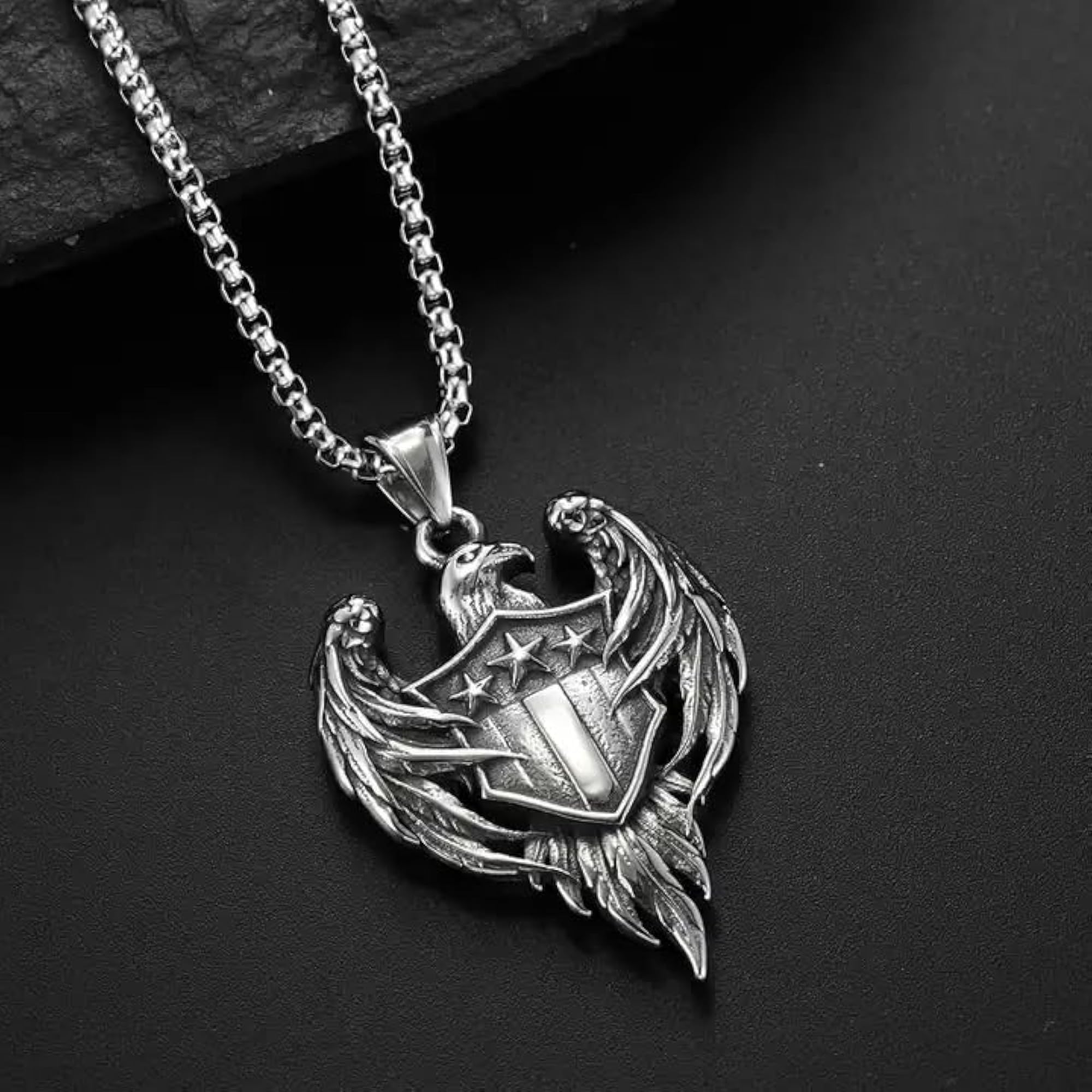 Men's Eagle Silver Chain Locket Necklace Set