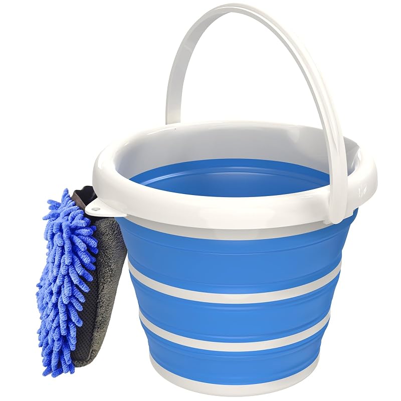 Kit Balde Dobrável para Lavagem Automotiva GOLDFOX com Luva de Microfibra, 10 L, Azul