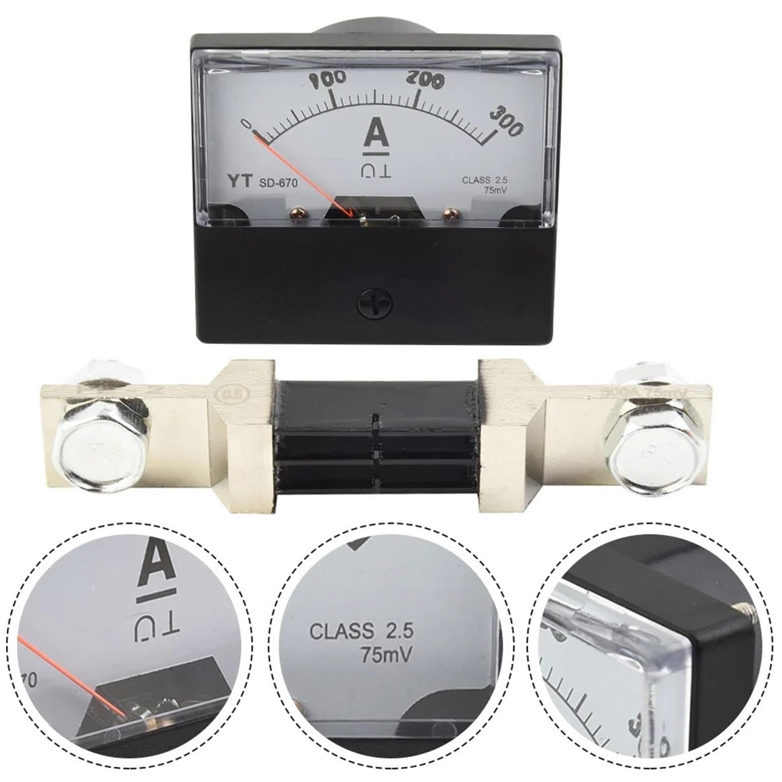 DH-670 Amperometro DC Analogico Amp Meter Shunt Pannello Ampere Kit DC 0-200A/300A/75mV Plastica for Forniture Elettricisti parti