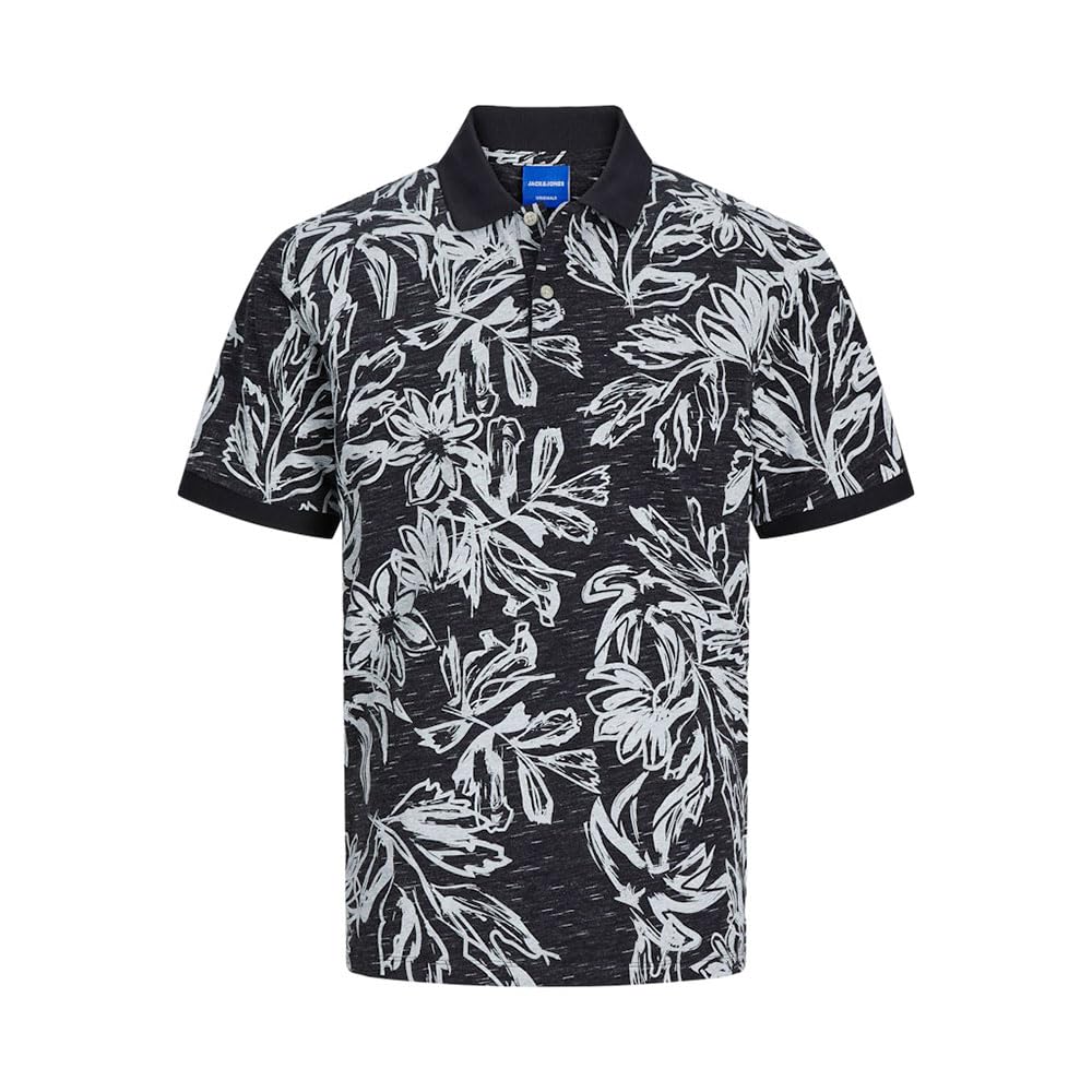 JACK & JONES JORLAFAYETTE AOP SS Polo Shirt, Black, L