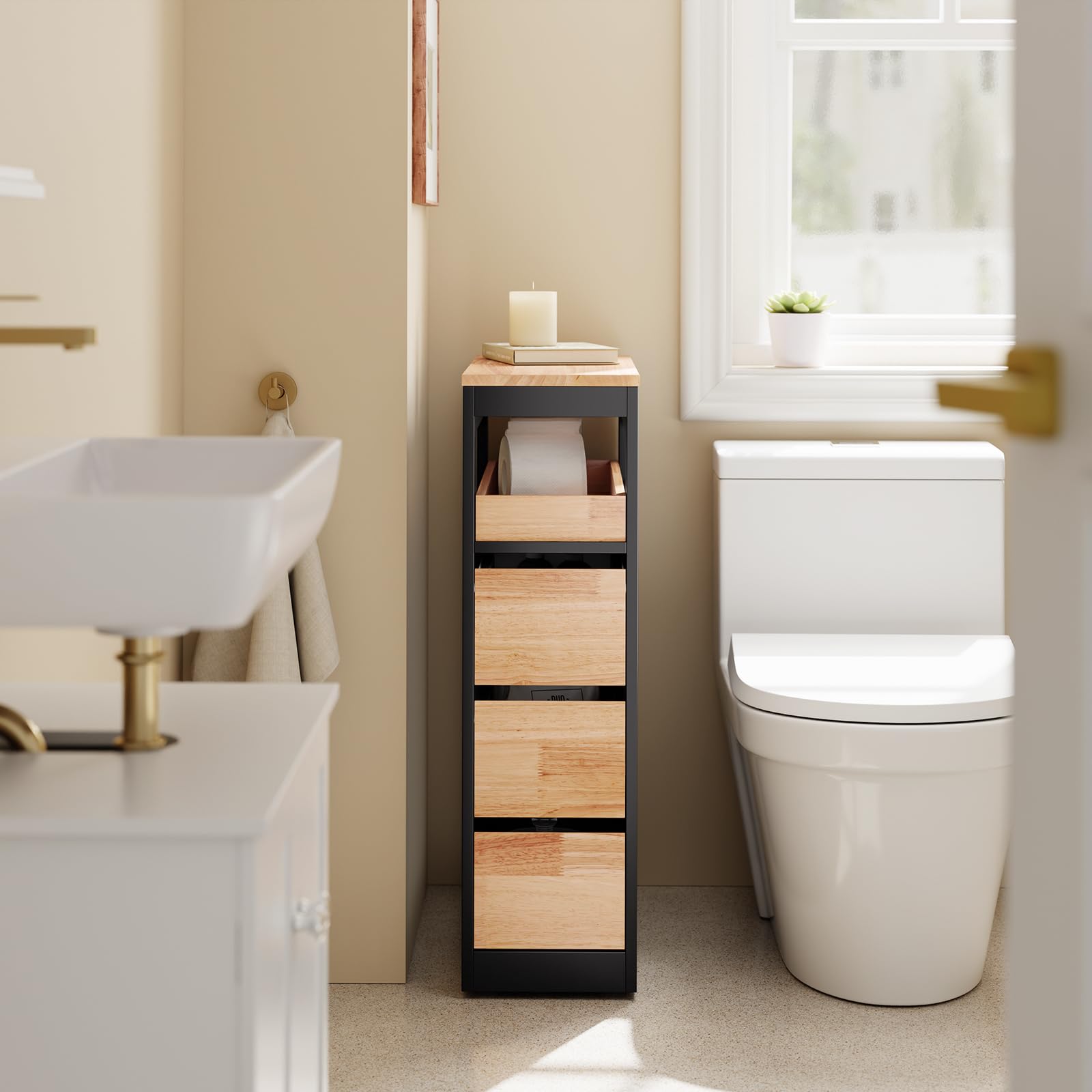 SoBuy Mobiletto Bagno Salvaspazio Cassettiera Bagno Stretto 3 Cassetti con Ruote per Angoli e Nicchie per Piccoli Spazi e Famiglie Nero 65x23x82cm BZR54-II-SCH