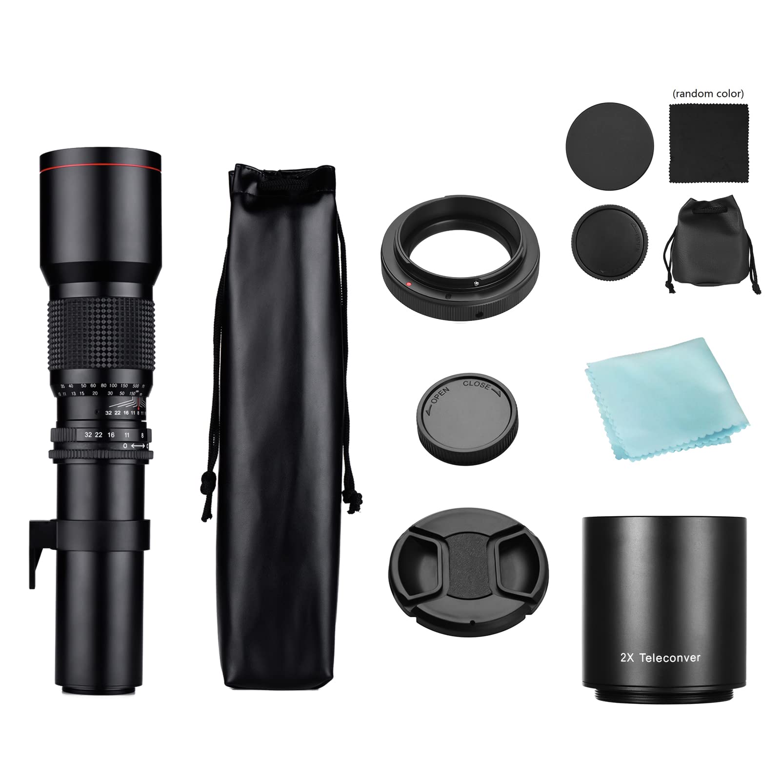 Teleobiettivo Zoom 500mm F/8.0-32 Obiettivo Manuale con Teleconvertitore 2X 500mm e Adattatore T2-, Attacco per Treppiede, Kit Teleobiettivo per Fotografia Naturalistica,