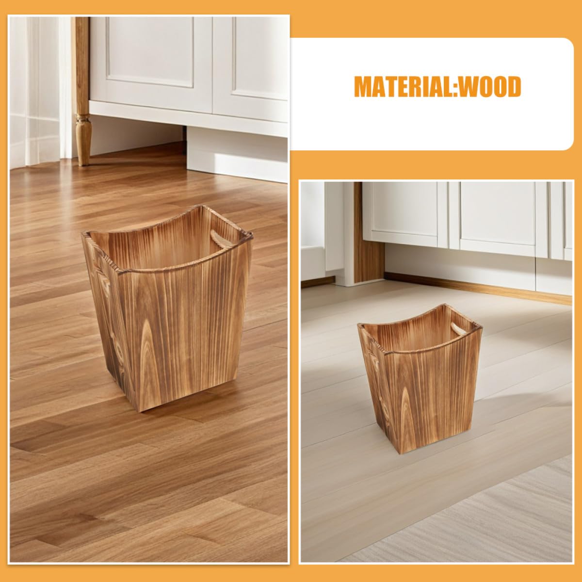 Wakauto Wooden Waste Basket with Handles Rectangular Rustic Garbage Bin for Bedroom Office Kitchen Laundry Storage Home Organization