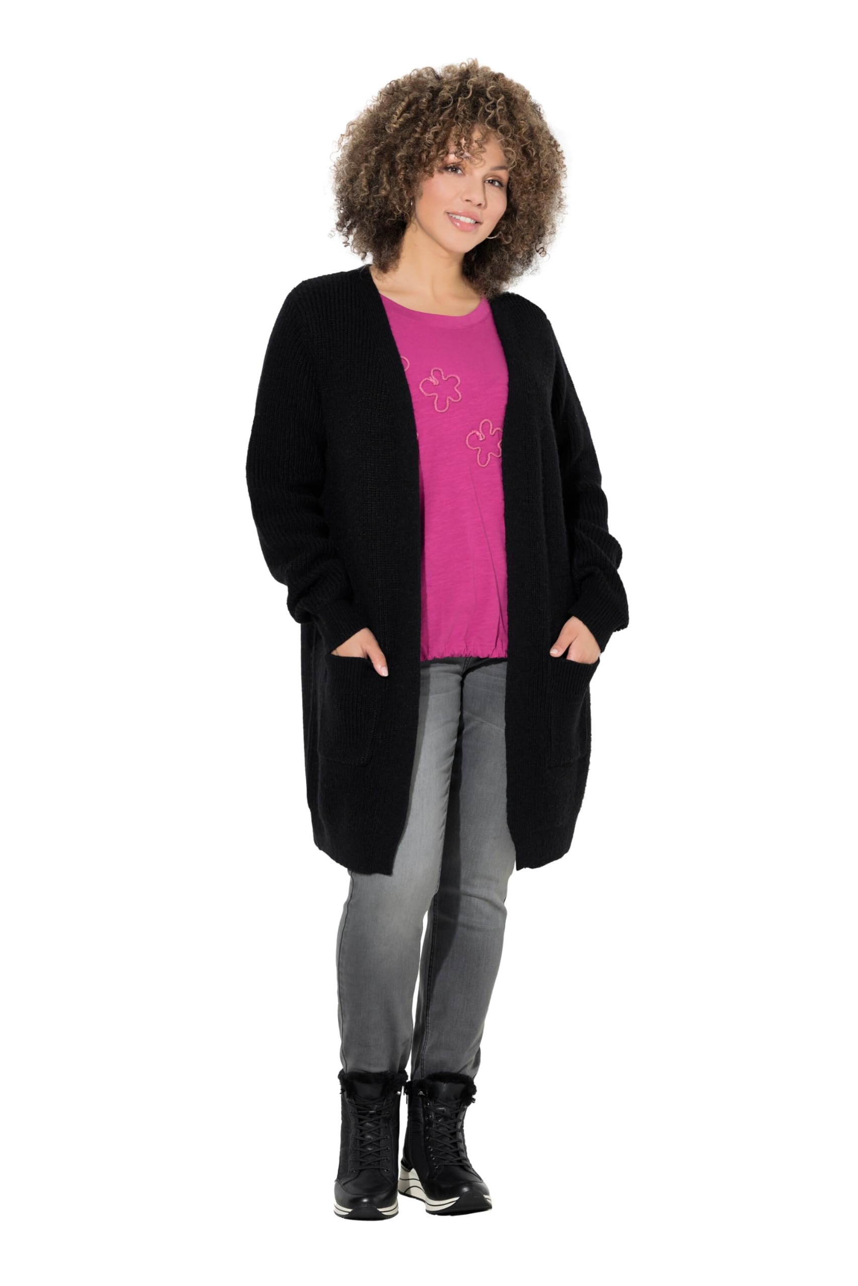 Ulla Popken Damen große Größen Übergrößen Plus Size Long-Strickjacke, Knopfverschluss, V-Ausschnitt, Langarm 844719