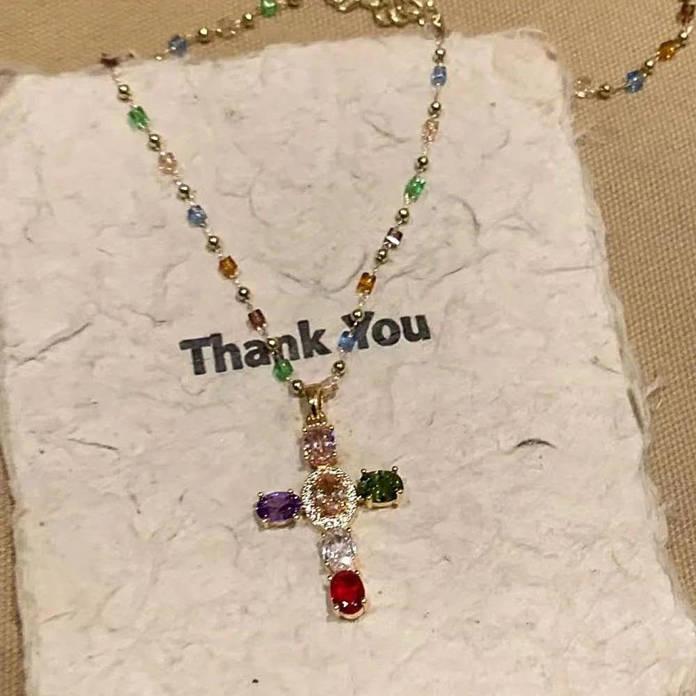 Vintage Rhinestone Cross Pendant Necklace for Women,Colored Sparkling Crystal Beaded Statement Choker,Trendy Party Banquet Jewelry Accessories Gifts - Image 5