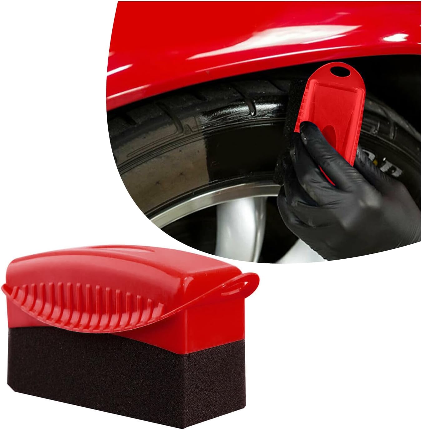 Dickno Tire Dressing Applicator, Car Tire Shine Dressing Applicator Pad with Lid, Auto Tire Wheel Waxing Polishing Sponge, Universal Wheel Shine Tool Accessories for Most Vehicles (Red, Normal)