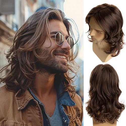 Baruisi Long Brown Wigs for Men Synthetic Layered Wavy Cosplay
