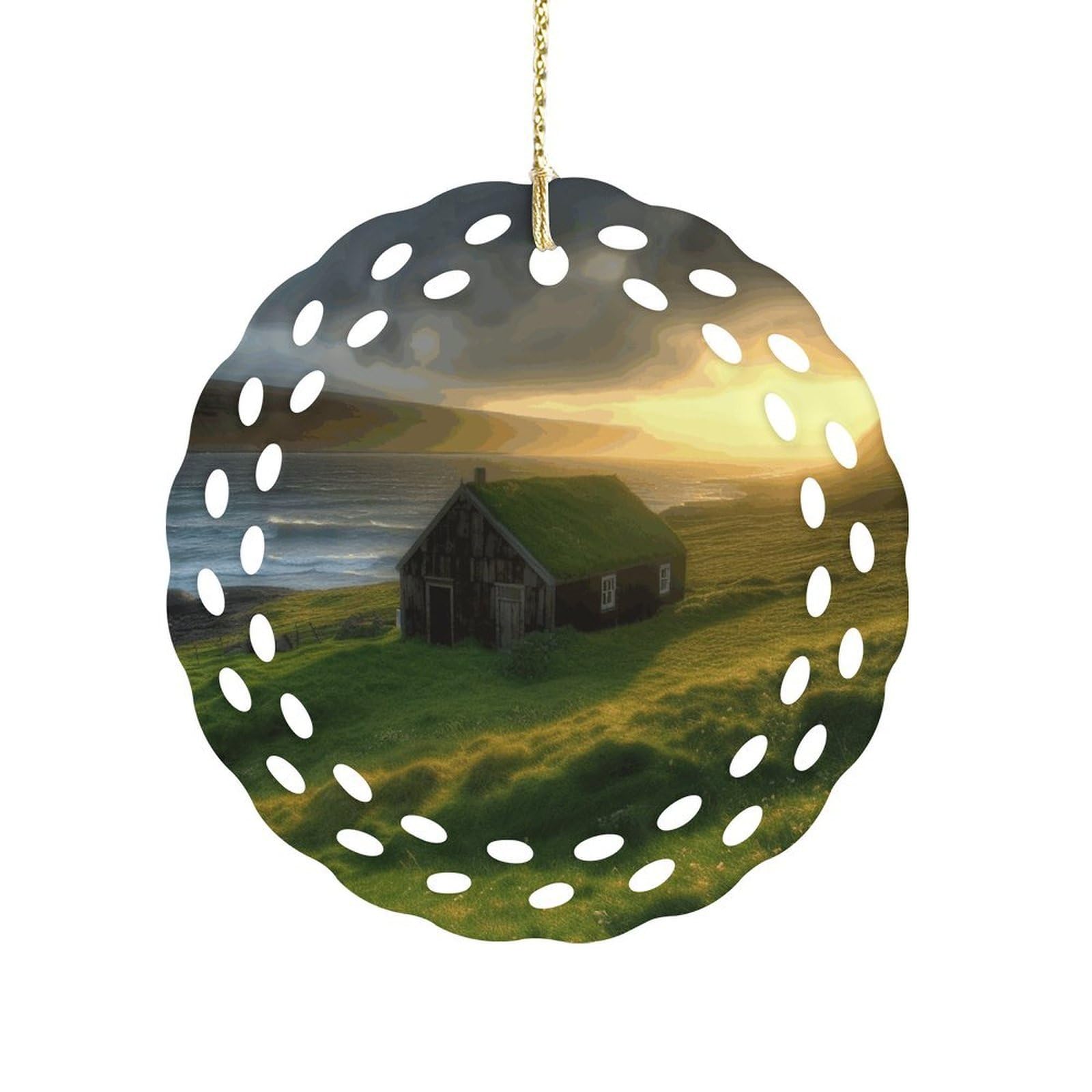 Btcowzrv Style Iceland Hut Grass Coast Sea Sun Rays Ceramic Ornament,Round Ornaments With Hole Easy To Hang,Hanging Ornament For Wedding Party Home Window Garden Christmas Day Decor