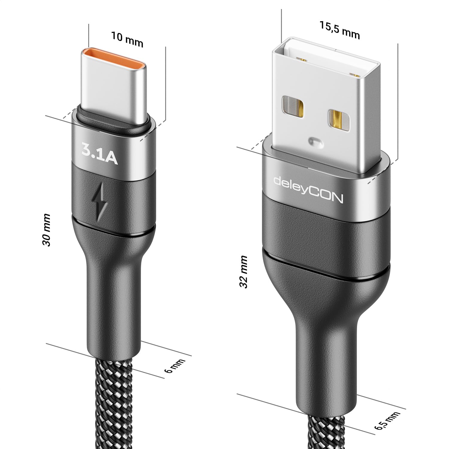 deleyCON 1m Cavo USB C 3.1A Cavo di Ricarica Dati USB-A a USB-C per iPhone 17 16 15 Pro Max Air Galaxy A16 A56 S25 S24 S23 Pixel iPad Pro Notebook AirPods Tablet Switch PS5