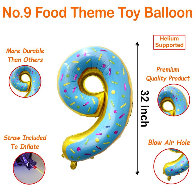 Image of Multicolor Donuts Candy 32 Inches 9 Numbers Shape Large Big Foil Helium Balloons For Party Decorations In Happy Birthday Anniversary Office Items Materials Set Pack, Pack Of 1