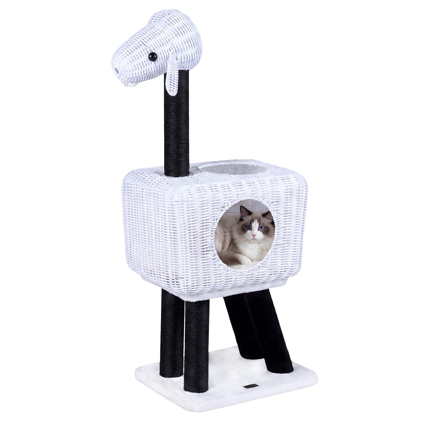 COSTWAY Cat Tree, 110cm Lamb-Shaped Cat Tower with 2-Door Rattan Condo, Soft Plush Cushion, Sisal Scratching Posts & Hanging Ball, Indoor Wicker Kitten Climbing Stand Activity Center