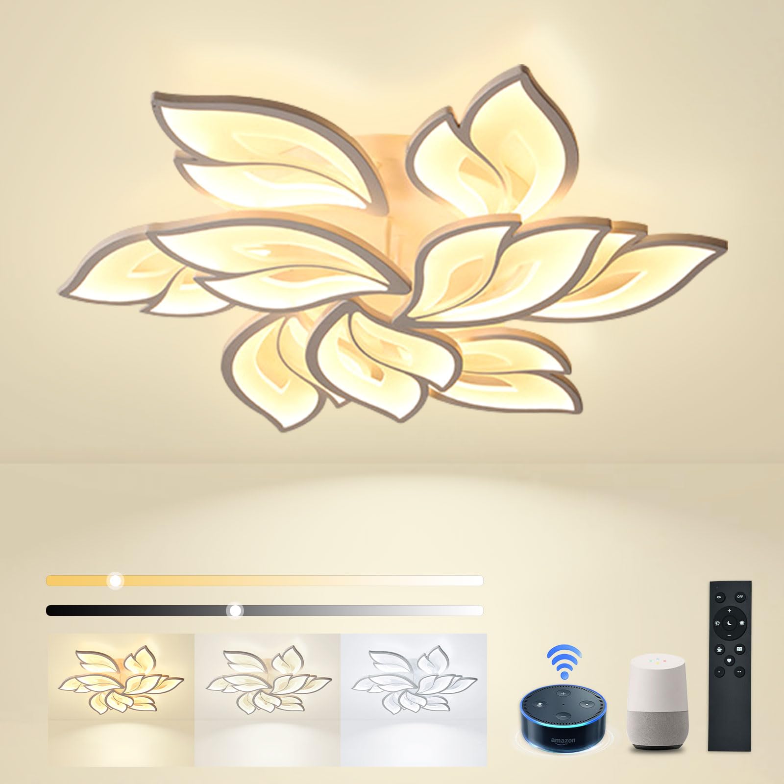 Sky angle Plafoniera LED Soffittocon ALEXA e Google Home, Lampada da Soffitto Moderna Design a Petalo Elegante per Soggiorno Camera da Letto Sala da Pranzo Bagno (Diametro 84cm)
