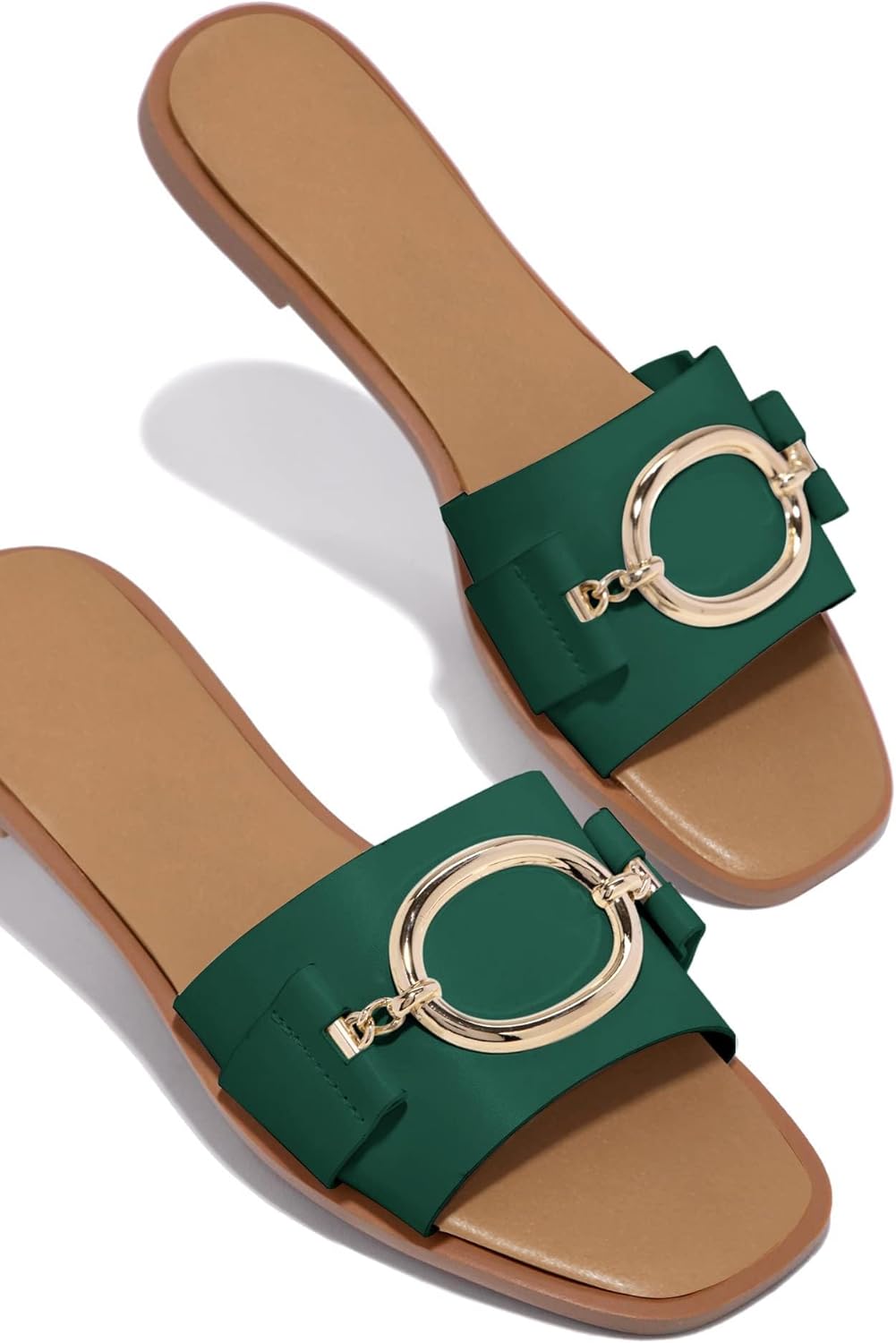 Coutgo Womens Square Toe Dressy Summer Slide Sandals Flat Low Heel Big Metal Chain Slip On Party Slippers Shoes - Image 5