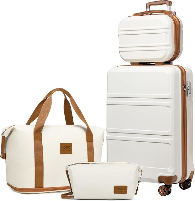 Kono Suitcase Lightweight ABS Hard Shell Carry-Ons Cabin Case with TSA Lock Luggage Sets of 4 Piece Included Weekender Bag & Toiletry Bag for Travel (Cream White)