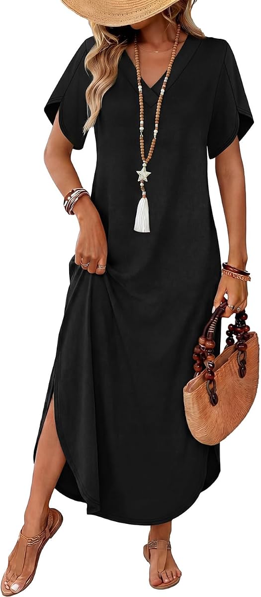 Summer Dresses for Women Short Sleeve Maxi Dresses V Neck Sundress with Side Slit Pockets Casual Beach Dress