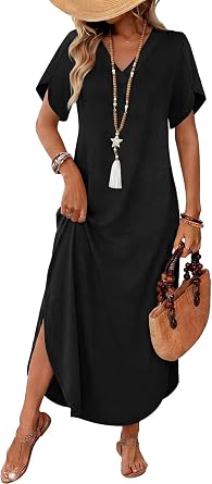 WIHOLL Summer Dresses for Women Short Sleeve Maxi Dresses V Neck Sundress with Side Slit Pockets Casual Beach Dress
