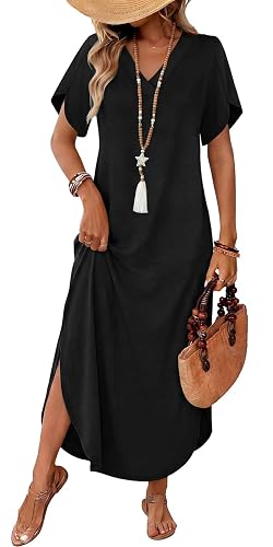 WIHOLL Summer Dresses for Women Short Sleeve Maxi Dresses V