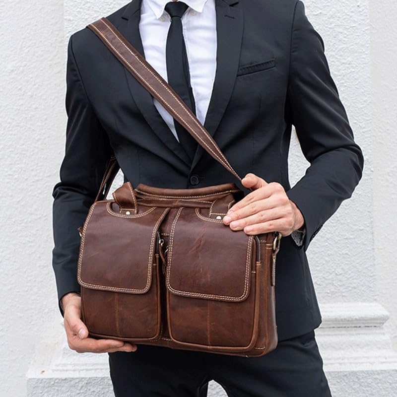 Men's Tote Vintage Top Layer Cowhide Computer Briefcase Casual Crossbody Bag(Brown-2)4