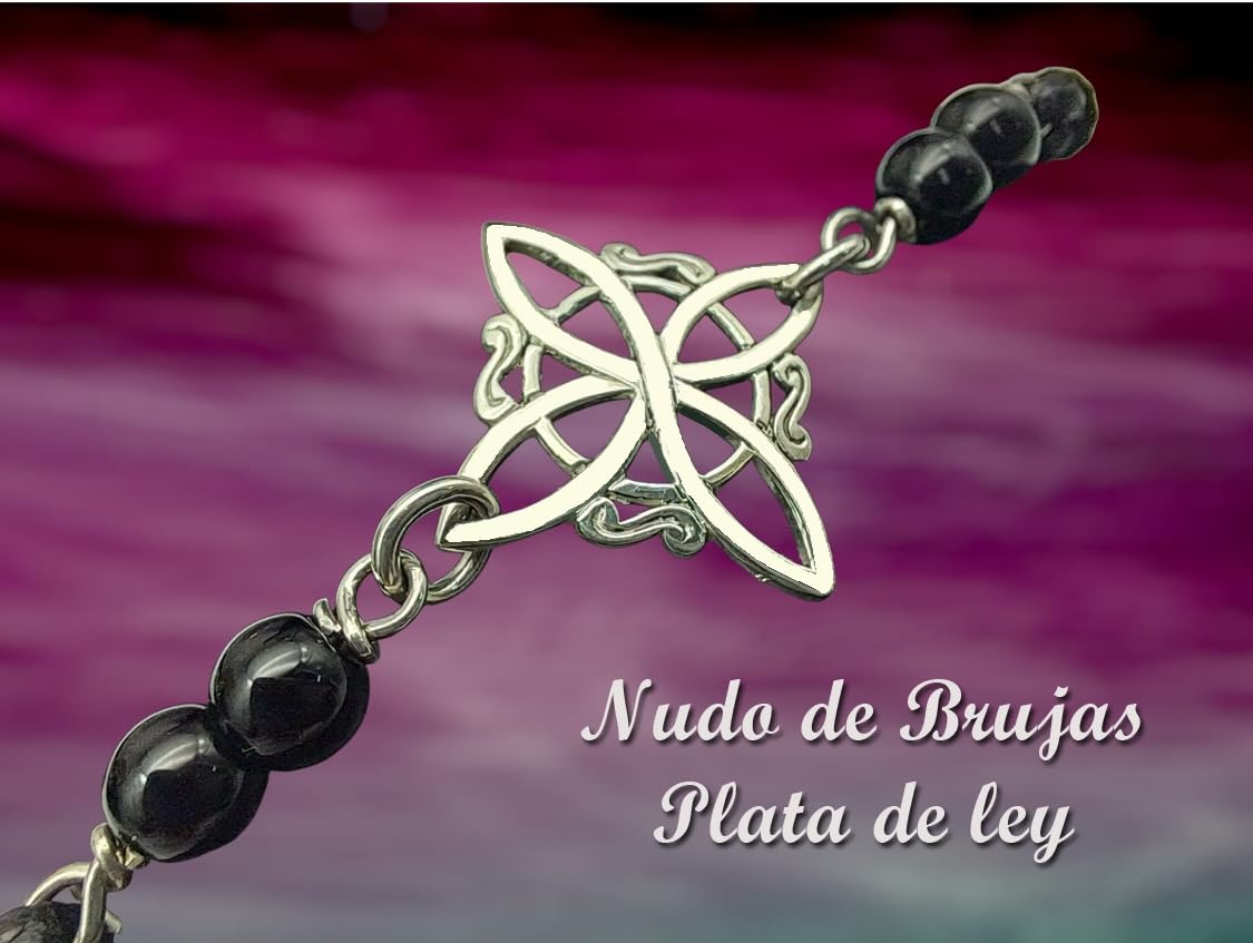 Pulsera Nudo de Bruja plata de ley con agatas negras - nudo de bruja ajustable macrame - pulsera protección - amuleto protector nudo de brujas -