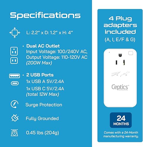 Miniatura 4 de Ceptics Convertidor de voltaje reductor de 200 W  Convertidor de voltaje de 220 V a 110 V para rizador, alisador, cargador  Carga rápida USB-A y C