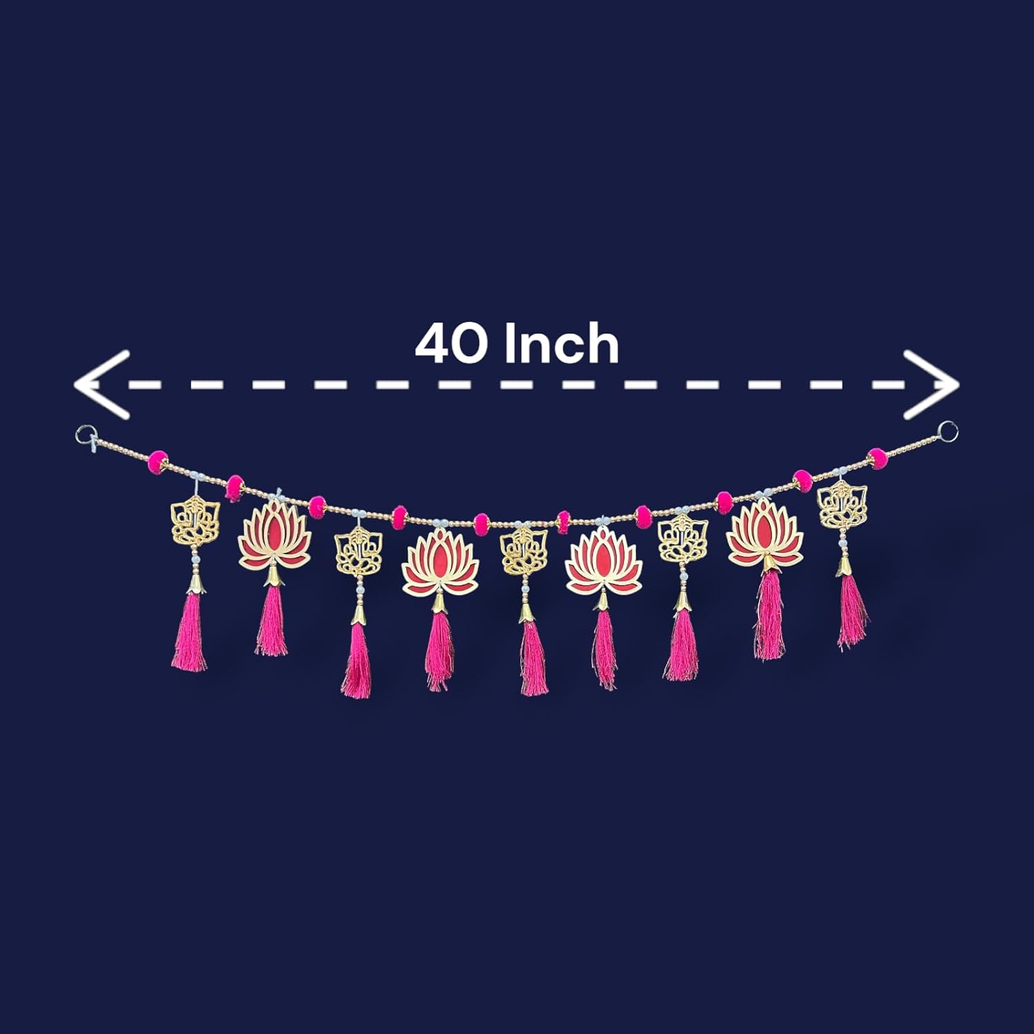 Handmade Decorative Lotus Toran with Beads, Jali Ganesh & Pom Pom for Flower Bell, Size - 40x9 Inch, Perfect Used for - Home Decor, Festival & Wedding Decoration, (T0073)