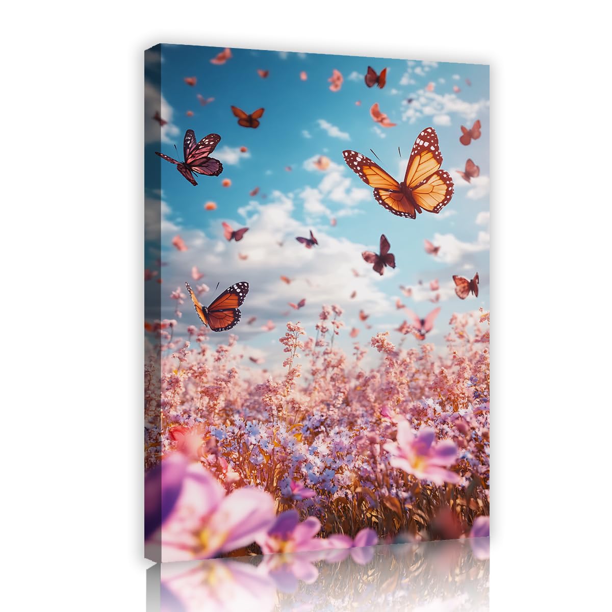 TOANGWALL Flying Butterflies Canvas Wall Art Blue Sky Painting Pink Flower Meadow Framed Art Prints Modern Poster Contemporary Mural Pictures Artwork For Living Room Bedroom Decor 75x115cm
