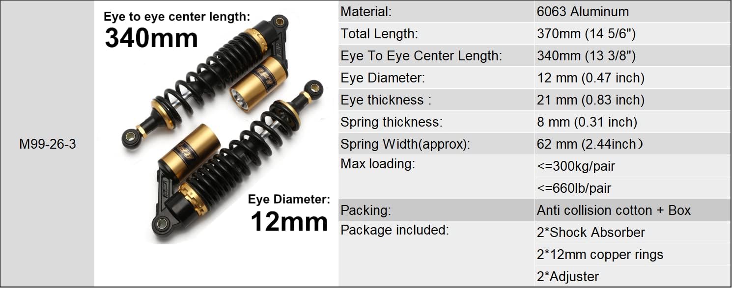 340mm 13.38 inch 7mm Spring Universal Motorcycle Air Shock Absorber Rear Suspension ATV Quad Scooter Dirt Bike For 50cc 75cc 90cc 125cc 150cc 250cc 300cc Black Gold