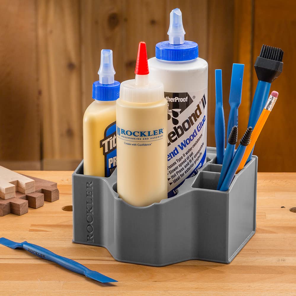 ROCKLER Glue Caddy - Durable & Non-Slip Caddy Organizer - Easy to Carry Storage Caddy w/Rear Clip - Plastic Caddy to Hold Glue Bottles, Brushes, Spreaders - Glue Art Caddy for Woodworking, DIY & More