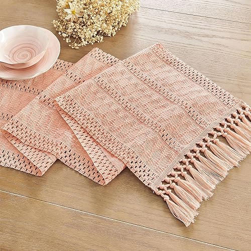 Image of ZeeMart Macrame Style Boho Table Runner, Pink Table Runners 90 Inches Long, Farmhouse Woven Home Decor, 12x90 Inch, Rose Pink