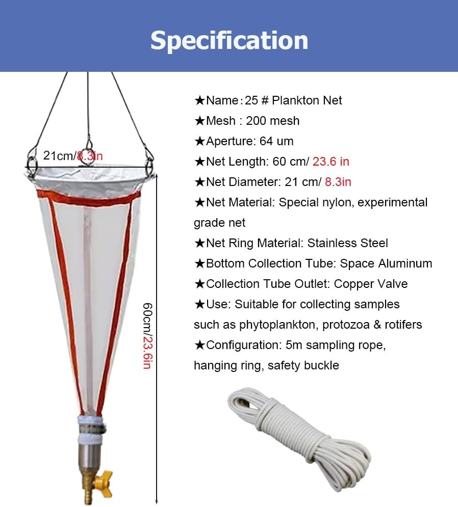 200 Mesh Professional Plankton Net - Fine Mesh Nylon Sampling Net for Phytoplankton, Protozoa, Rotifers - Research Grade Experimental Tool for Aquatic Studies