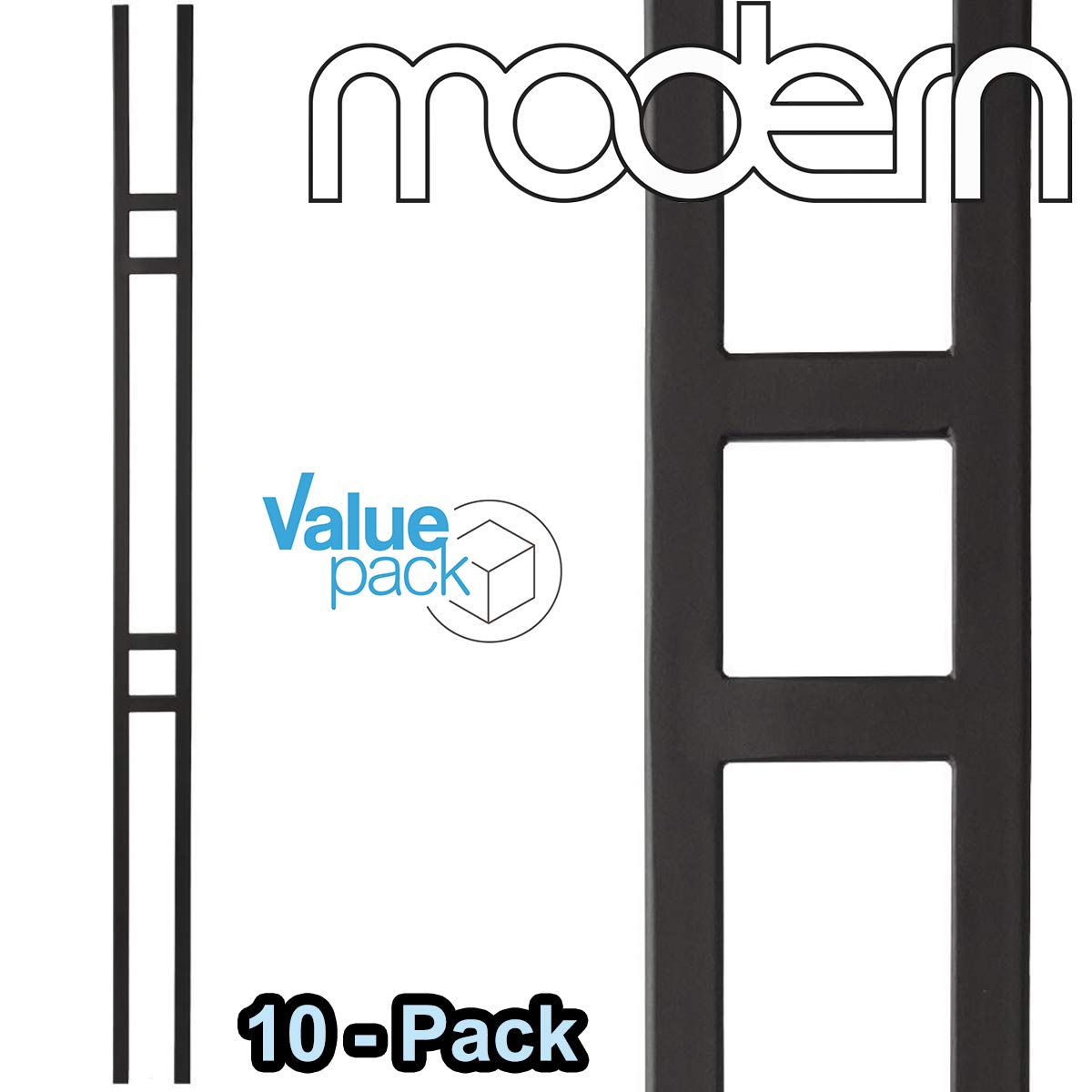 Iron Balusters for Staircase Double Panel (Contractor Pack of 10) Modern Double Bar Metal Railing Spindles 1/2" x 44" Tall (Real Satin Black NOT Matte or Flat Color)
