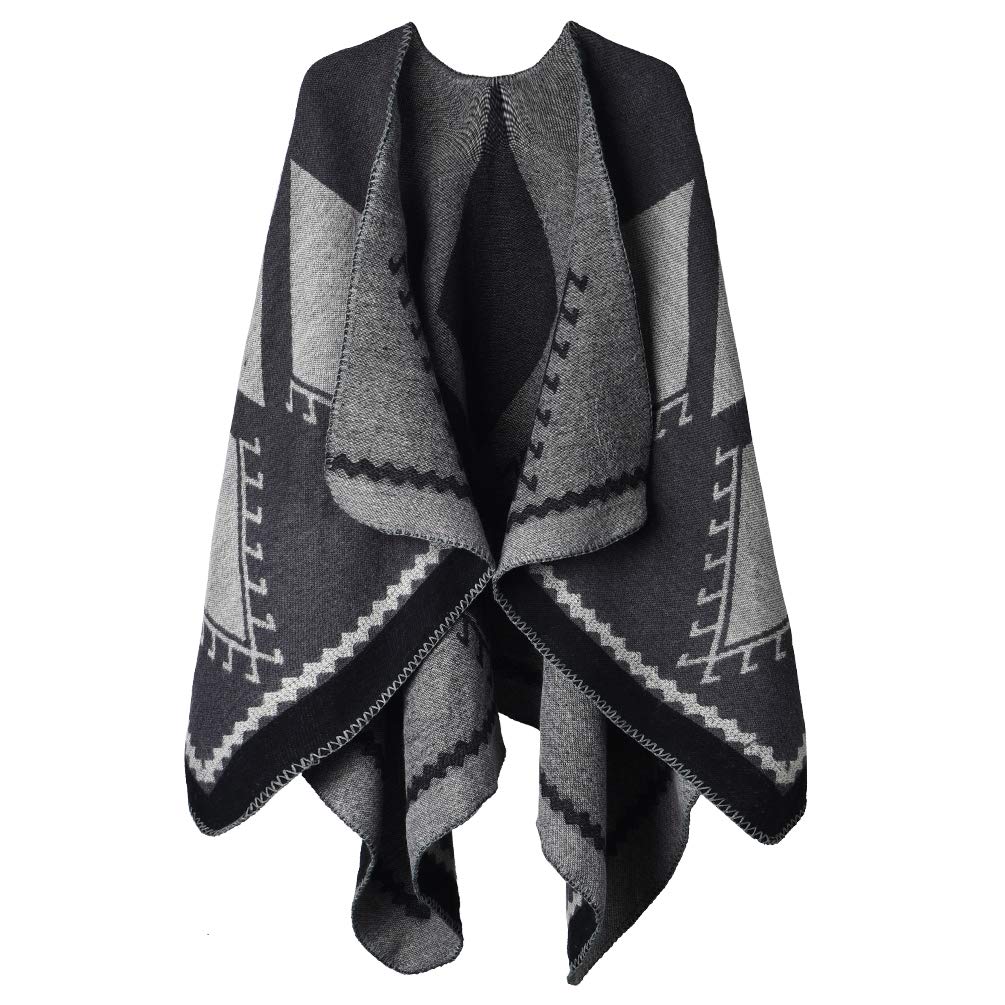 OOPOR Zimowy szal owijany ponczo peleryna - damski ciepły otwarty przód nadruk dwustronny koc oversize kardigan modny elegancki dzianinowy jesienny wełniany sweter w kratę polarowy szalik płaszcz