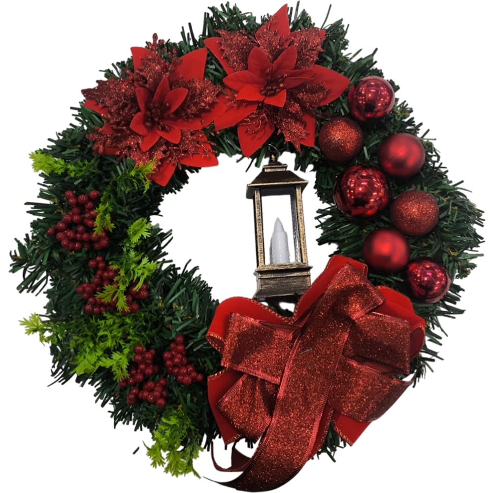 Couronne de Noël pour porte d'entrée ornée d'une lanterne lumineuse haute finition