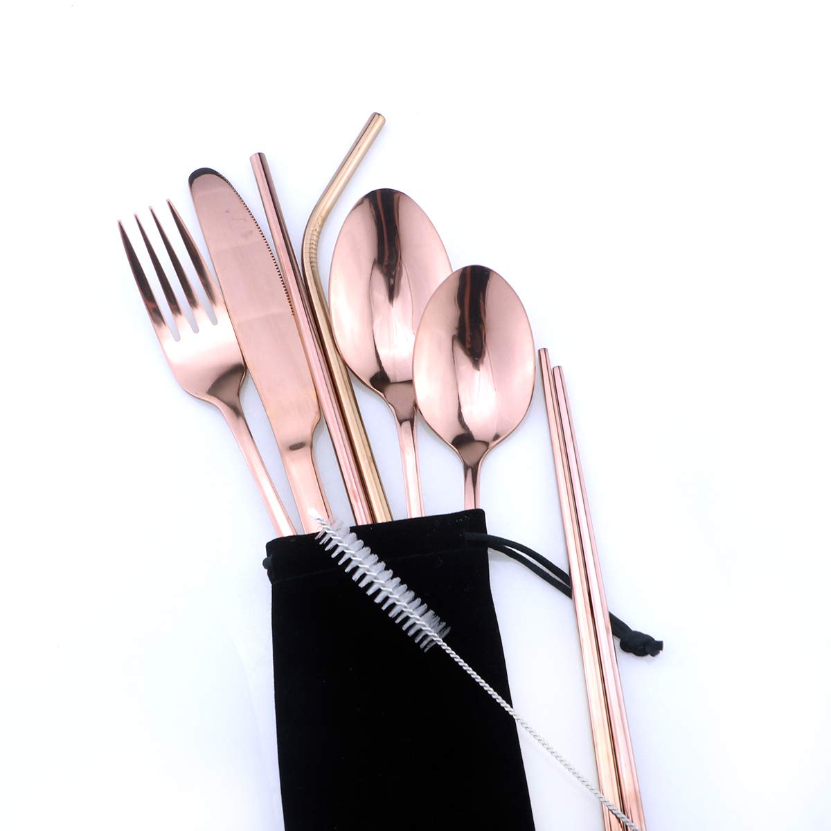 Gugrida Rose Gold Reusable Utensils with Case, Healthy & Eco-Friendly 8 Pieces Portable Stainless Steel Flatware Tableware Dinnerware Set, Portable Travel Camping Cutlery Knife Fork Spoon Straws Set