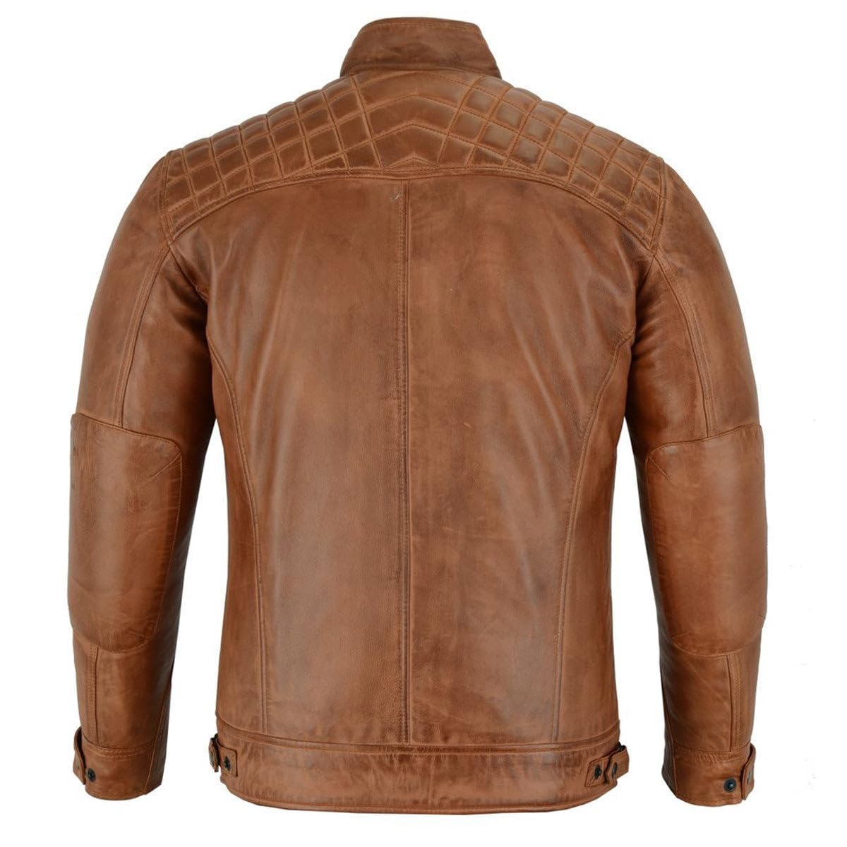 Vance Leather Mens Cafe Racer Waxed Lambskin Austin Brown Motorcycle Leather Jacket — view 5