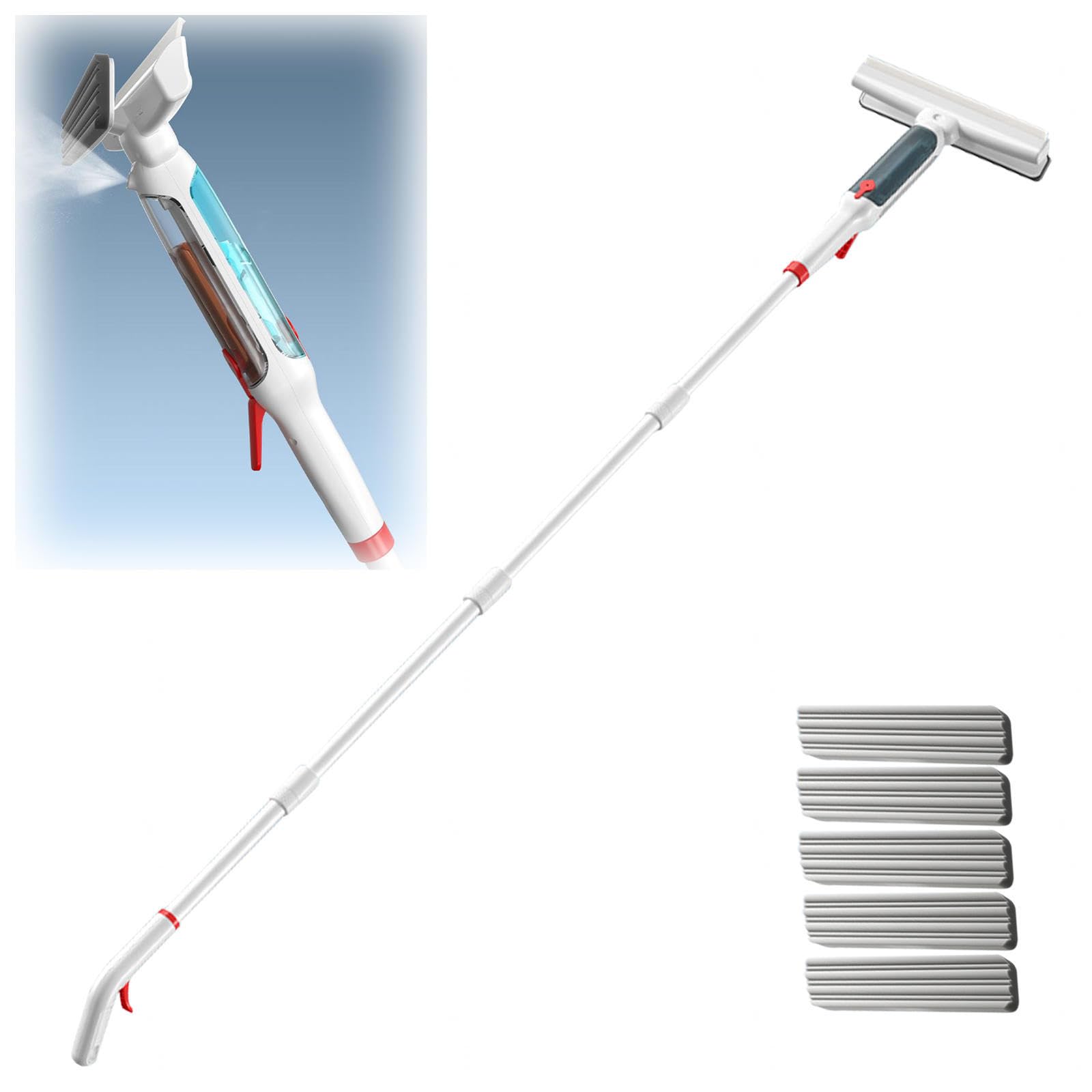 Spruzzo 4 in 1 Lavavetri Estensibile 41-190 CM, Lavavetri Telescopico con Raccoglitore Acque Nere E 5 Panni Pulizia Vetri Finestre per Finestre Alte Interno/Esterno